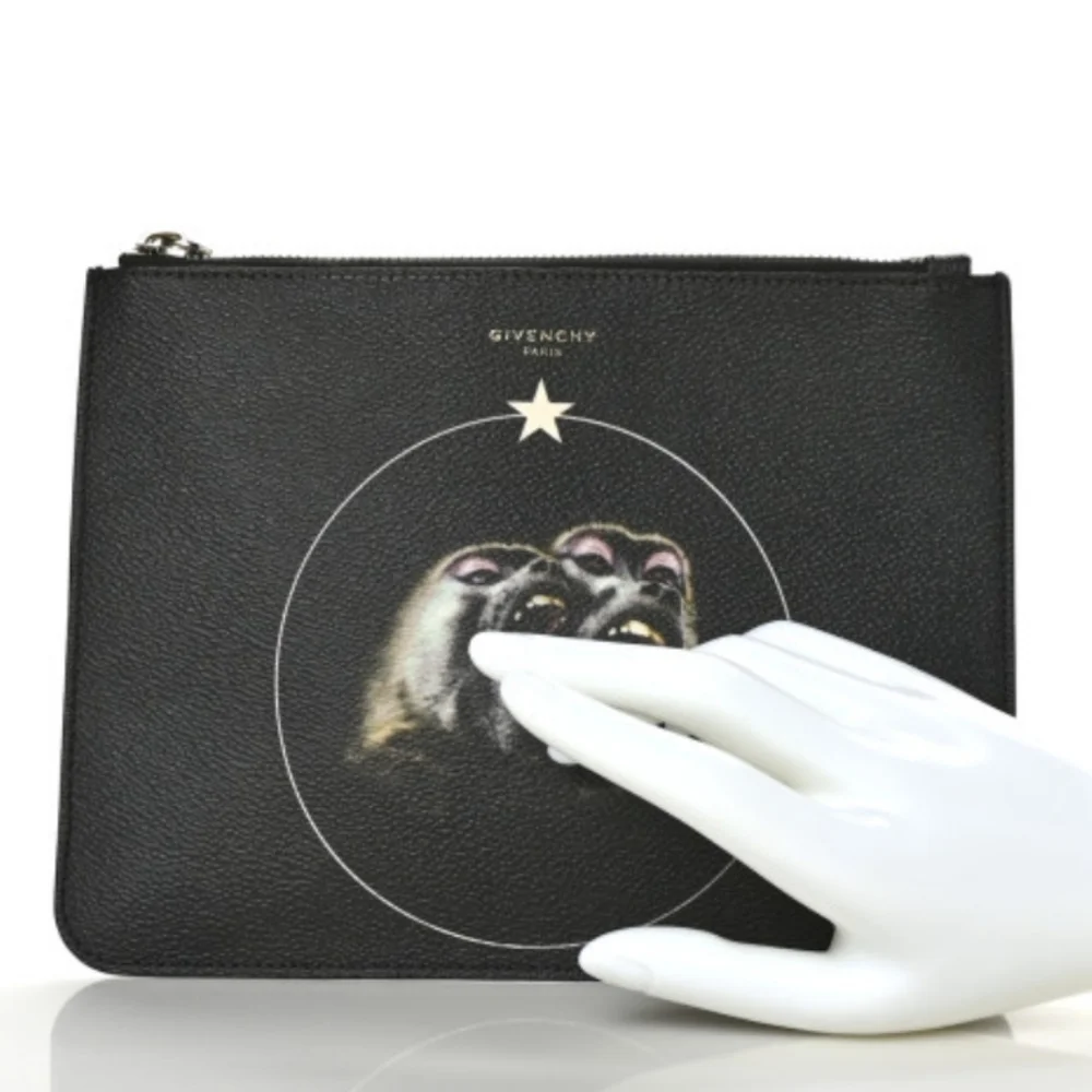 🌞GIVENCHY Coated Canvas Monkey Brother Print Large Zip Pouch Black